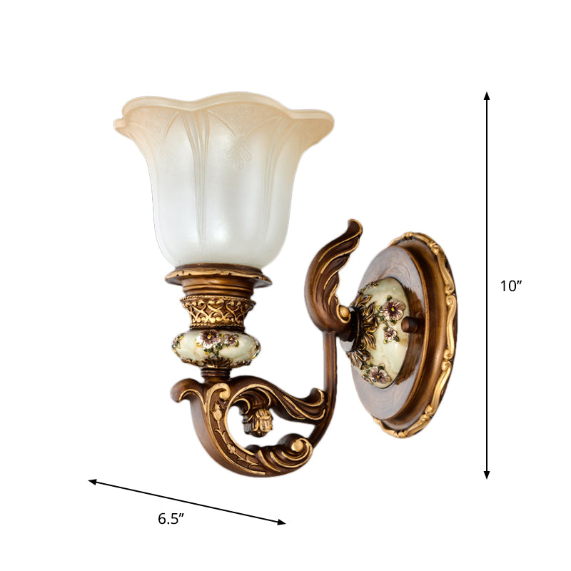 Traditional 1/2-Light Floral Wall Sconce With Cream Glass Shade - Brown Bedroom Lamp