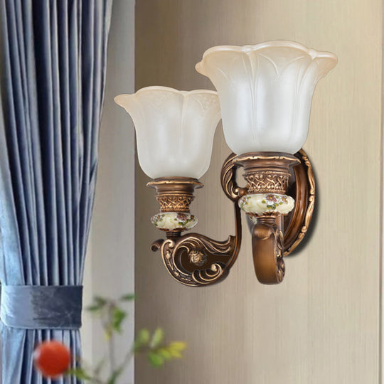 Traditional 1/2-Light Floral Wall Sconce With Cream Glass Shade - Brown Bedroom Lamp