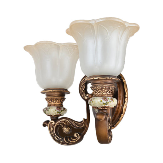 Traditional 1/2-Light Floral Wall Sconce With Cream Glass Shade - Brown Bedroom Lamp