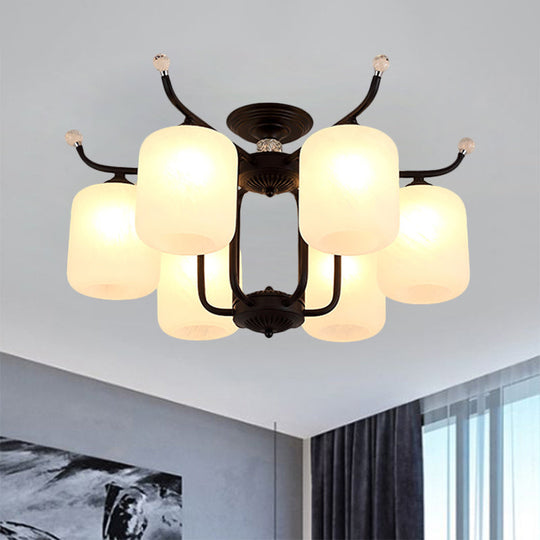 Retro Style Black Glass Chandelier With Cylindrical Cream Shade - 6/8 Heads Suspension Pendant
