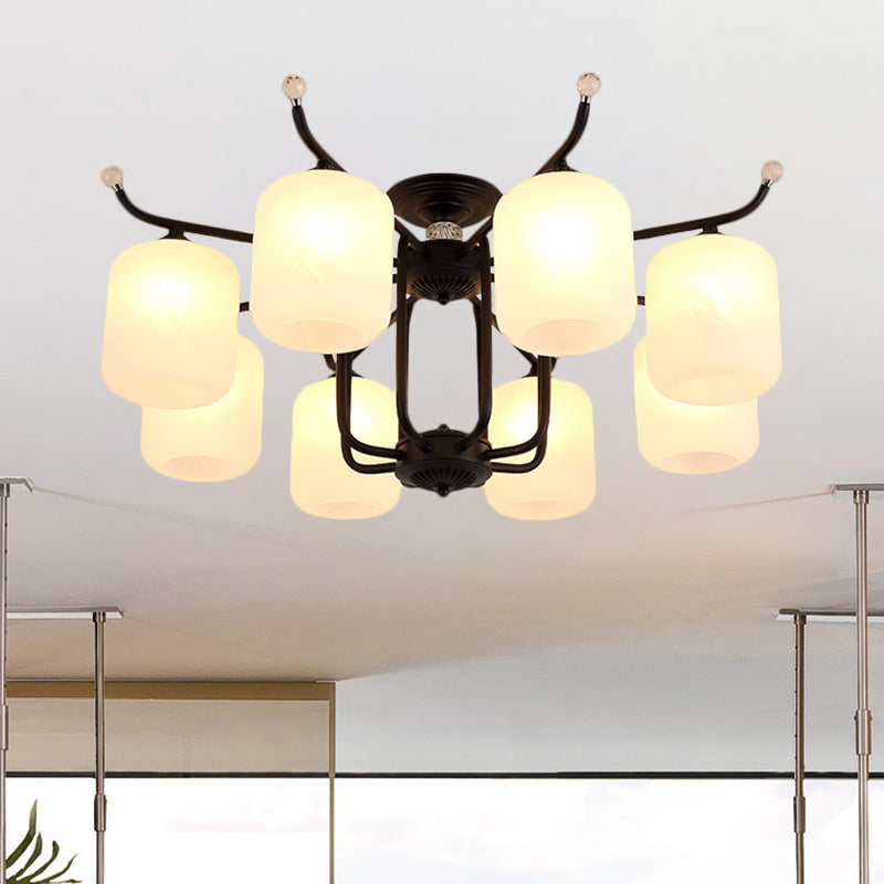 Retro Style Black Glass Chandelier With Cylindrical Cream Shade - 6/8 Heads Suspension Pendant