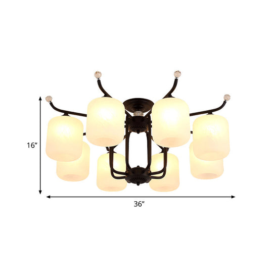 Retro Style Black Glass Chandelier With Cylindrical Cream Shade - 6/8 Heads Suspension Pendant
