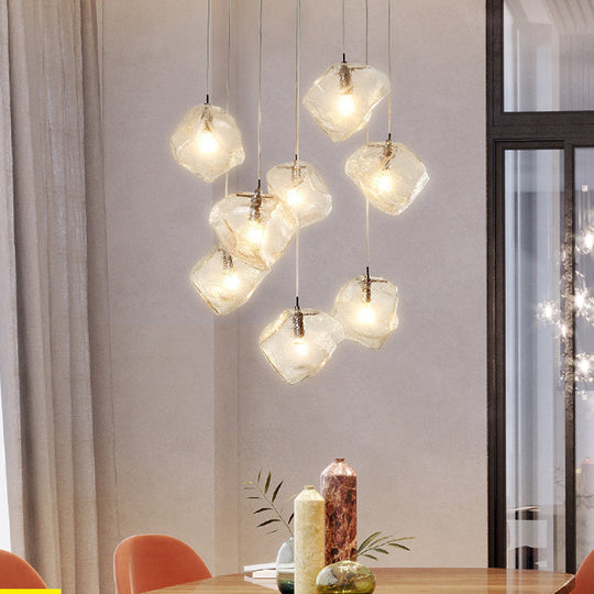 Contemporary Rock Clear Glass Cluster Pendant Light With Led White Lights - 5/6/8 Options