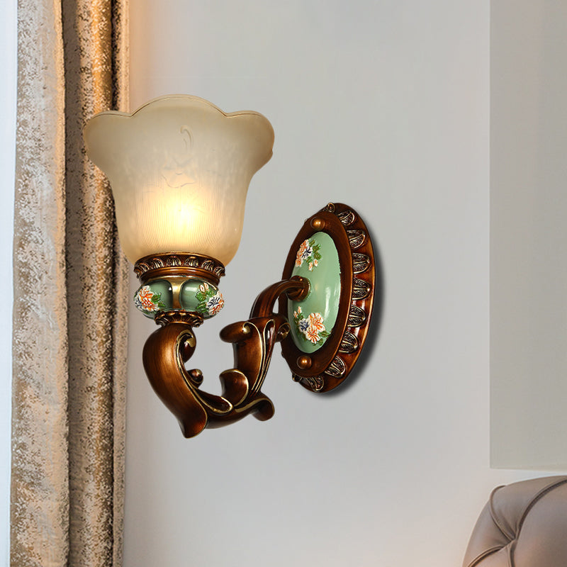 Opal Glass Floral Sconce Light Fixture - Traditional Brown Wall Mounted Lighting For Corridors