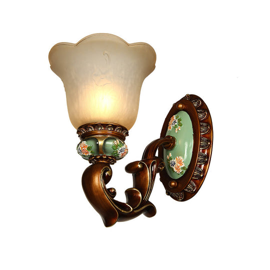 Opal Glass Floral Sconce Light Fixture - Traditional Brown Wall Mounted Lighting For Corridors