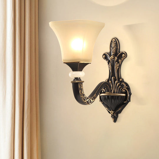 Retro Wall Mounted Light Fixture With Black 1/2-Bulb Milky Glass Flared Shade 1 /