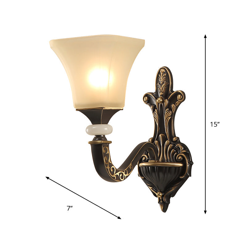 Retro Wall Mounted Light Fixture With Black 1/2-Bulb Milky Glass Flared Shade