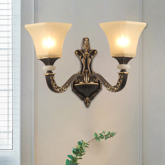 Retro Wall Mounted Light Fixture With Black 1/2-Bulb Milky Glass Flared Shade