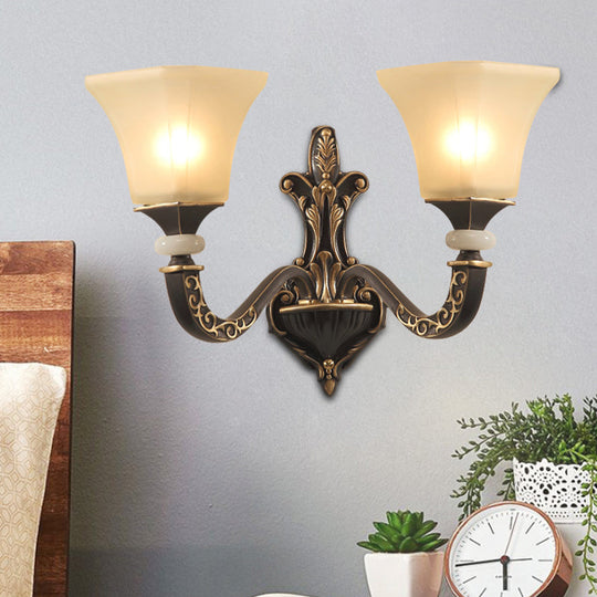 Retro Wall Mounted Light Fixture With Black 1/2-Bulb Milky Glass Flared Shade