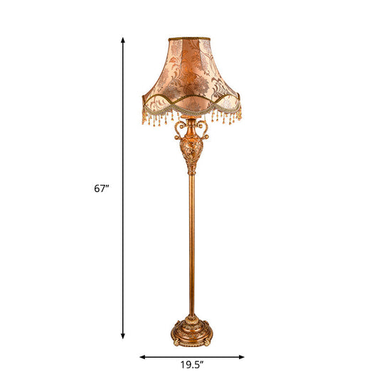 Rural Style Gold Floor Lamp With Cascading Design - 1-Bulb Tapered Shade Fabric Light