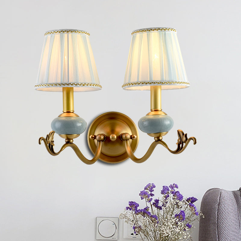 Traditional Style Brass Wall Sconce With Curved Arm Fabric Shade
