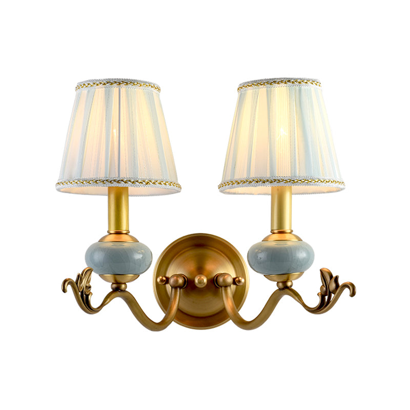Traditional Style Brass Wall Sconce With Curved Arm Fabric Shade