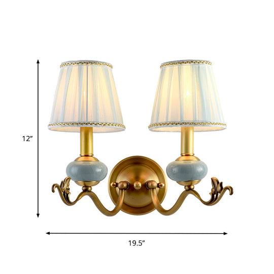 Traditional Style Brass Wall Sconce With Curved Arm Fabric Shade