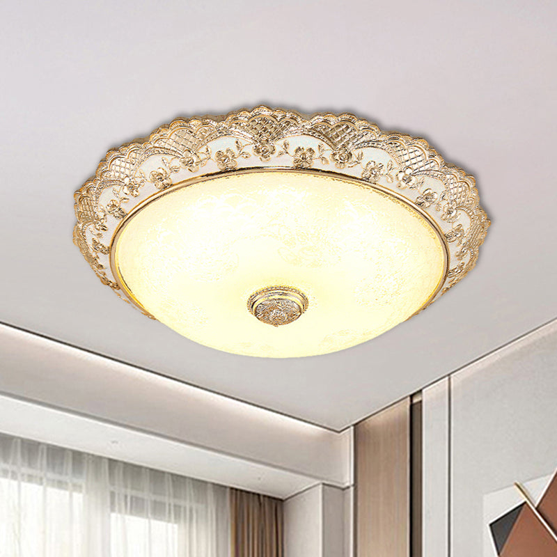 Gold Led Flush Mount Ceiling Light With Traditional Cream Glass Dome Design – Perfect For Bedroom