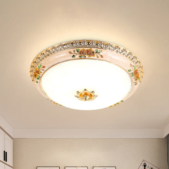 Gold Domed Ceiling Flush Led Bedroom Light With Carved Flower - Traditional Opaque Glass 3 Width