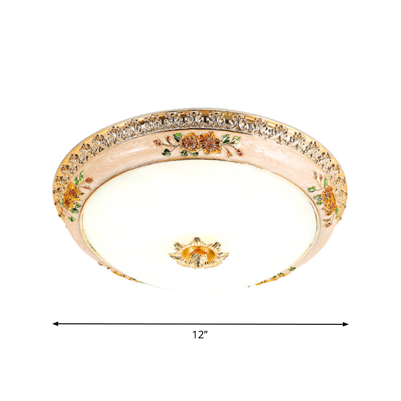 Gold Domed Ceiling Flush Led Bedroom Light With Carved Flower - Traditional Opaque Glass 3 Width