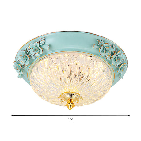 Retro Style Led Flush Ceiling Lamp In Blue For Dining Room - Bowl Up Design Clear Glass 11/15 W