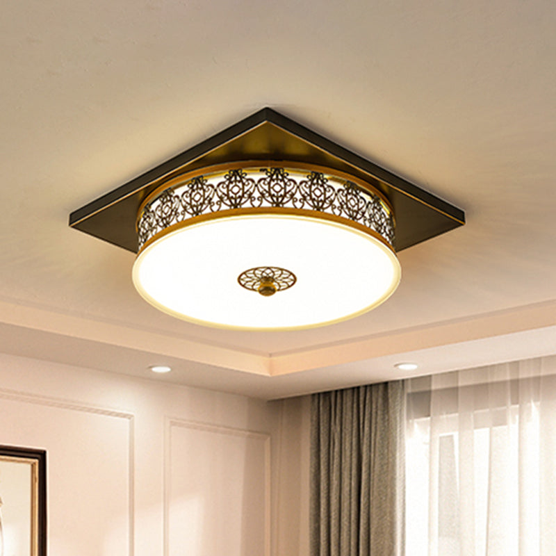 Opaline Glass Led Ceiling Light Fixture In Traditional Black Drum Design - 12’/16’/19.5 / 12’