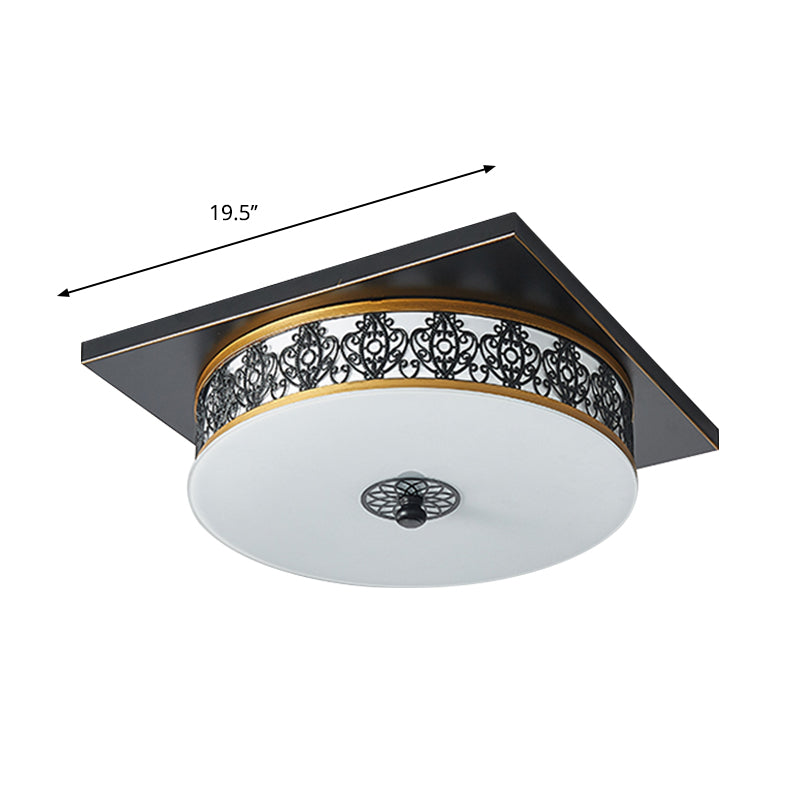Opaline Glass Led Ceiling Light Fixture In Traditional Black Drum Design - 12’/16’/19.5