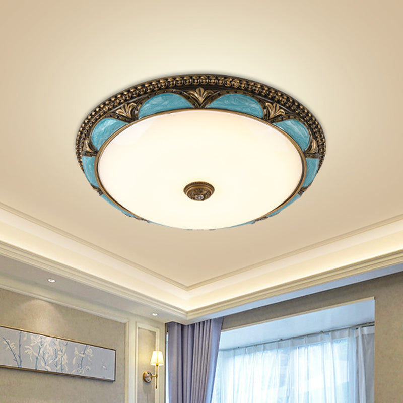 Antique-Style Blue Floral Ceiling Lamp - Cream Glass Led Bedroom Flush Mount
