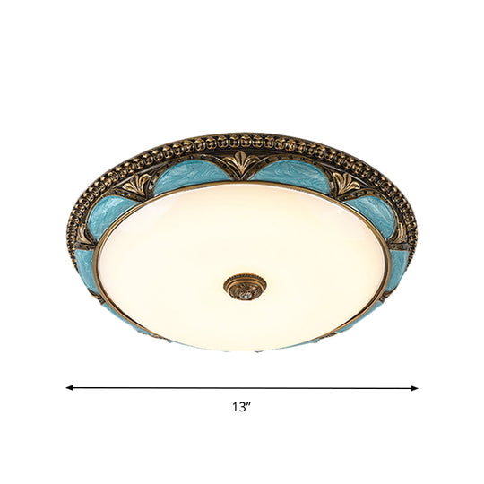Antique - Style Blue Floral Ceiling Lamp - Cream Glass Led Bedroom Flush Mount
