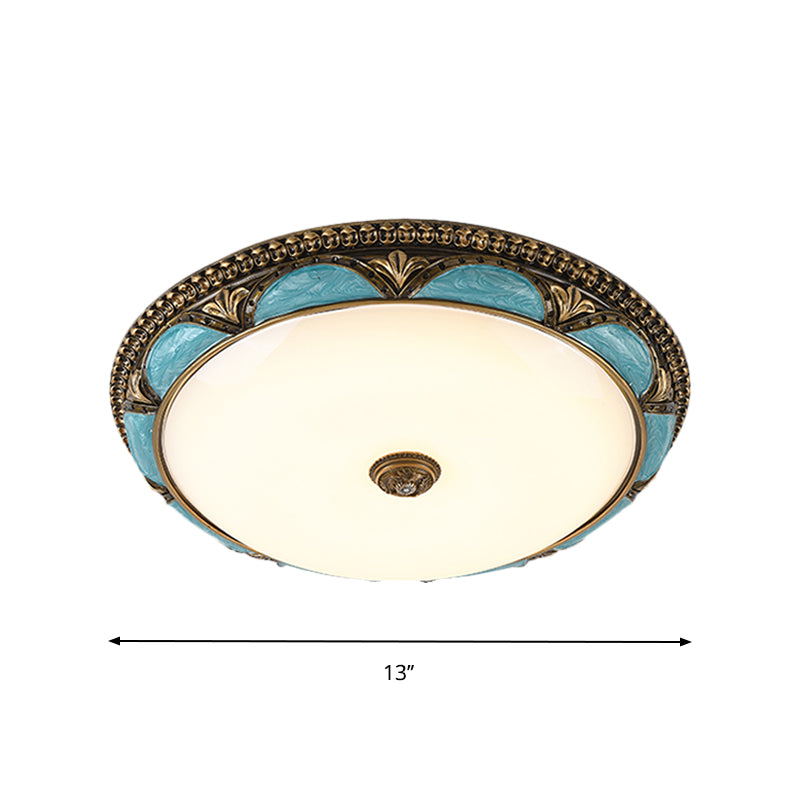 Antique-Style Blue Floral Ceiling Lamp - Cream Glass Led Bedroom Flush Mount