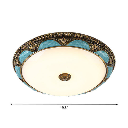 Antique - Style Blue Floral Ceiling Lamp - Cream Glass Led Bedroom Flush Mount