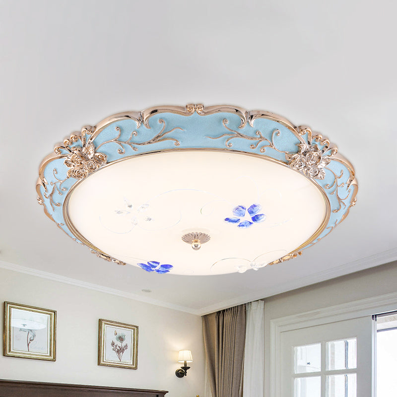 Vintage Led Flush Mount Light With Floral Shade And Opaque Glass - 13’/16’/19.5’ Wide Blue