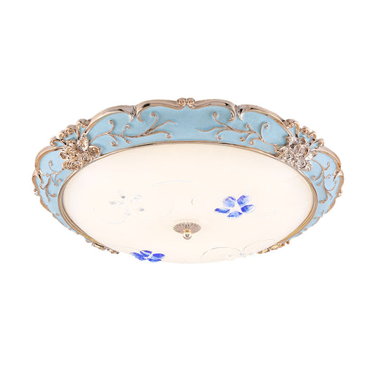 Vintage Led Flush Mount Light With Floral Shade And Opaque Glass - 13’/16’/19.5’ Wide Blue