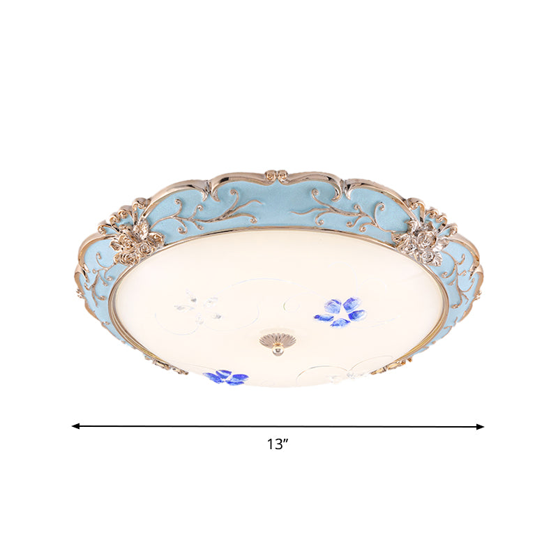 Vintage Led Flush Mount Light With Floral Shade And Opaque Glass - 13/16/19.5 Wide Blue Color
