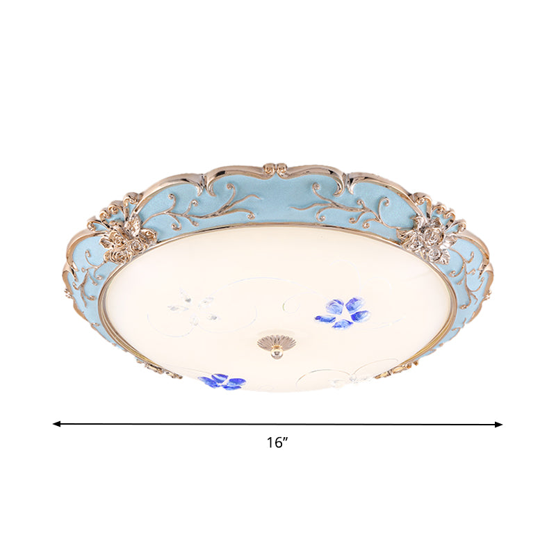 Vintage Led Flush Mount Light With Floral Shade And Opaque Glass - 13’/16’/19.5’ Wide Blue