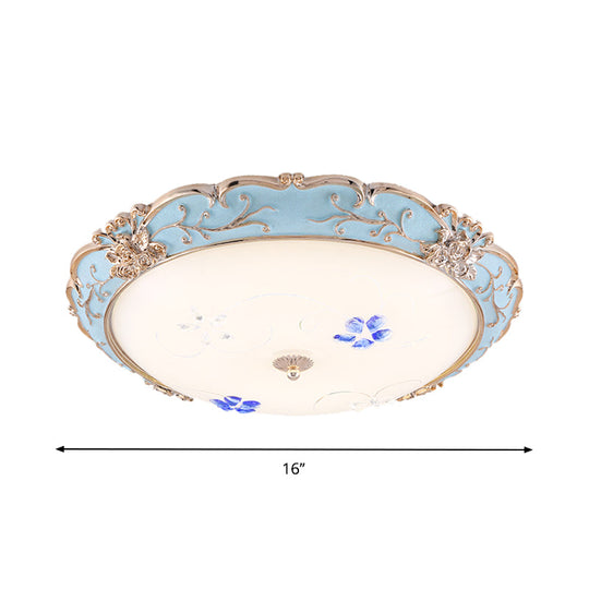 Vintage Led Flush Mount Light With Floral Shade And Opaque Glass - 13/16/19.5 Wide Blue Color