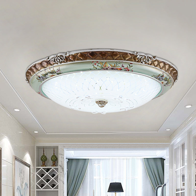 Traditional Style Blue-Brown Led Flush Mount Light Fixture With Cream Glass Domed Design -