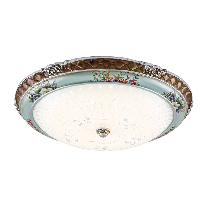 Traditional Style Blue-Brown Led Flush Mount Light Fixture With Cream Glass Domed Design -