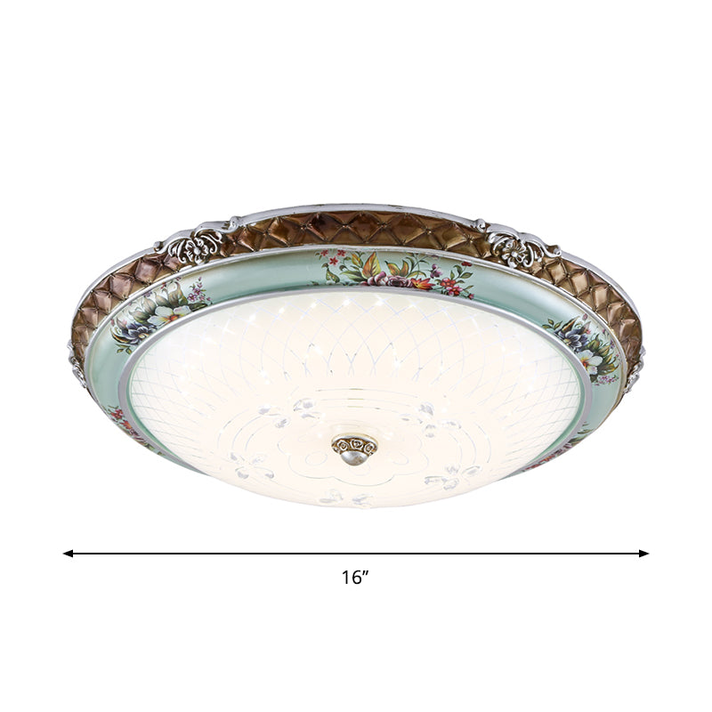 Traditional Style Blue-Brown Led Flush Mount Light Fixture With Cream Glass Domed Design -