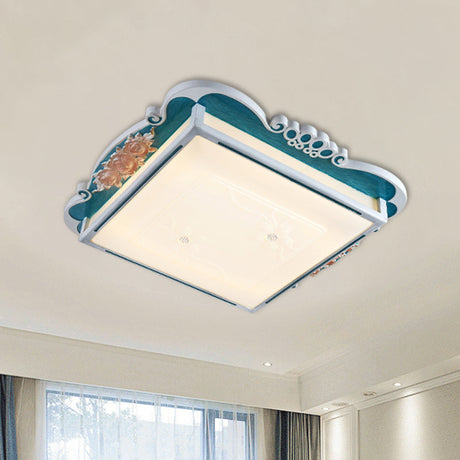 Led Acrylic Square Design Traditional Style Flush Mount Bedroom Ceiling Light With Carved Flower -