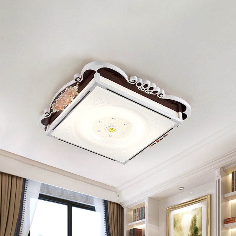Led Acrylic Square Design Traditional Style Flush Mount Bedroom Ceiling Light With Carved Flower -
