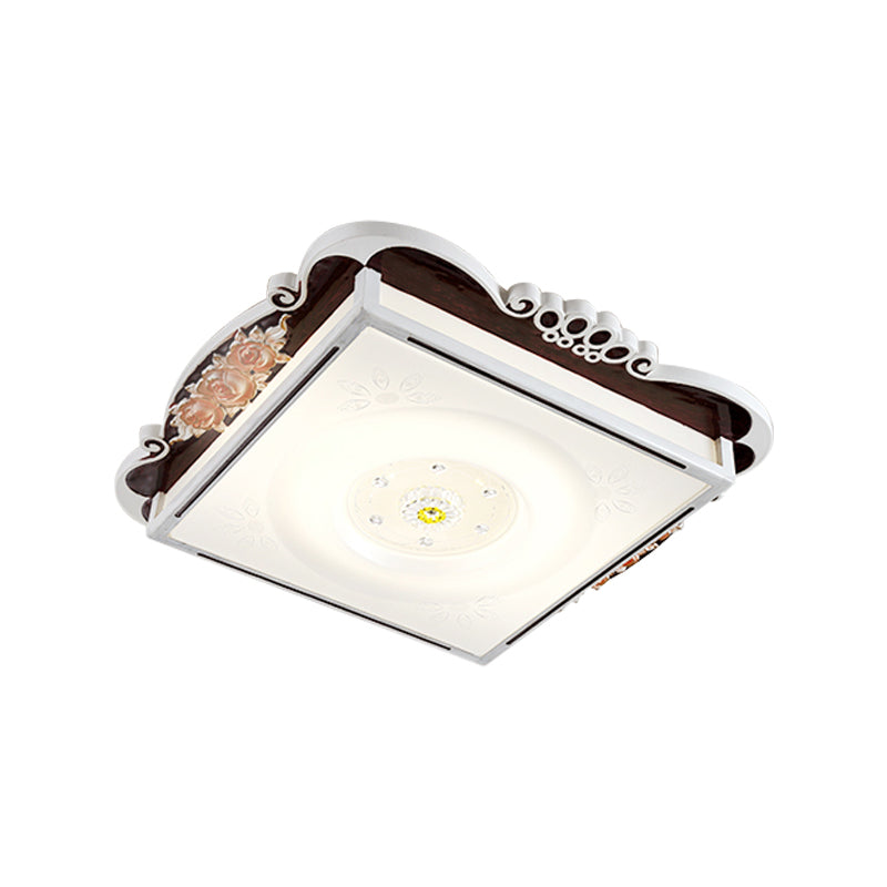 Led Acrylic Square Design Traditional Style Flush Mount Bedroom Ceiling Light With Carved Flower -