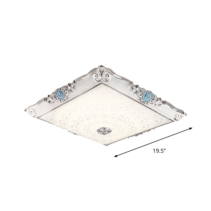 Retro Style Square Flushmount Led Ceiling Light With Cream Glass And Blue Glow For Bedrooms