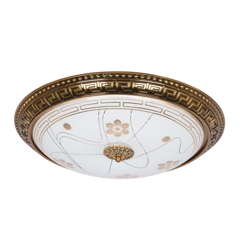 Antiqued Bowl Shade Glass Flush Mount Lamp In Gold With Led 12.5’/15’/19’ Width And Warm/White Light