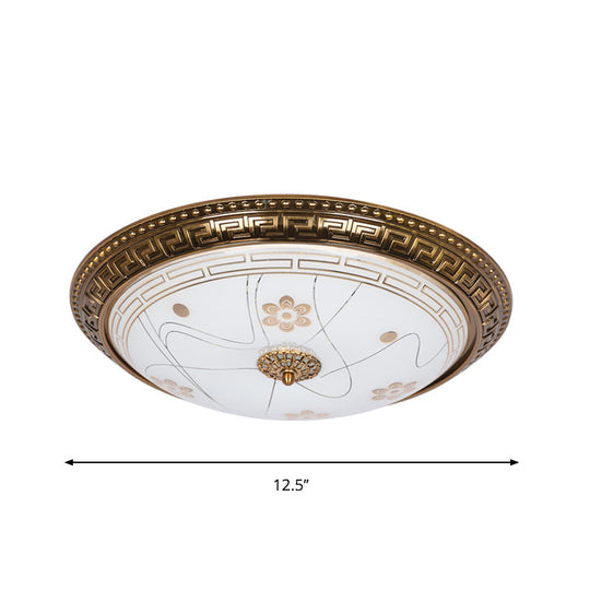 Antiqued Bowl Shade Glass Flush Mount Lamp In Gold With Led 12.5/15/19 Width And Warm/White Light
