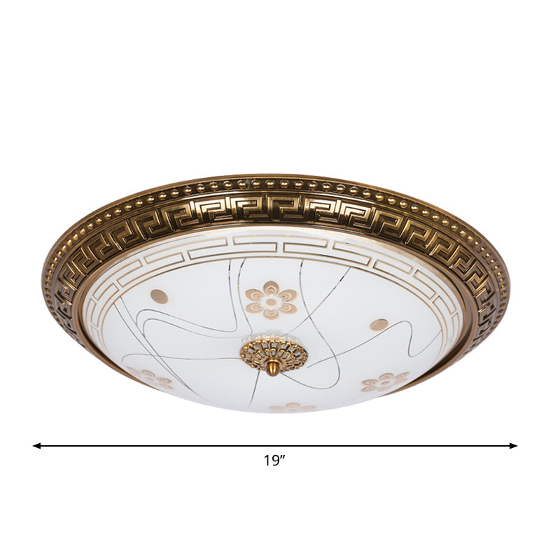 Antiqued Bowl Shade Glass Flush Mount Lamp In Gold With Led 12.5’/15’/19’ Width And Warm/White Light