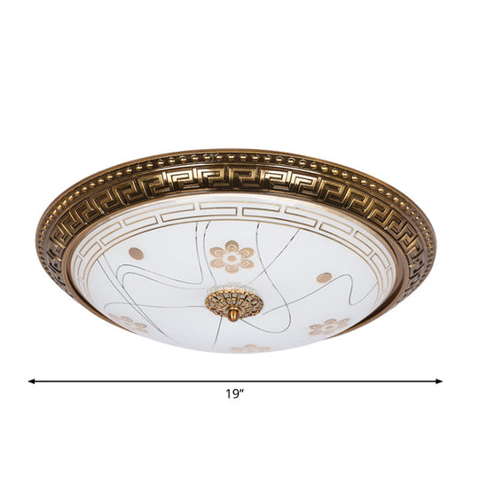 Antiqued Bowl Shade Glass Flush Mount Lamp In Gold With Led 12.5’/15’/19’ Width And Warm/White Light
