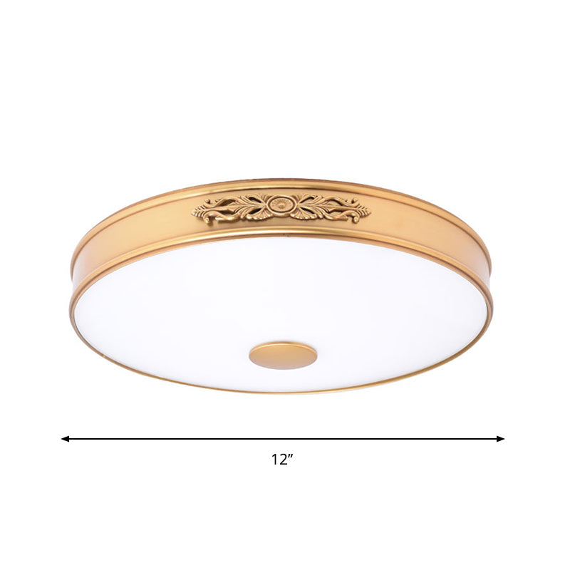 Antiqued Cream Glass Round Flush Mount Led Ceiling Lamp Fixture Gold For Bedroom