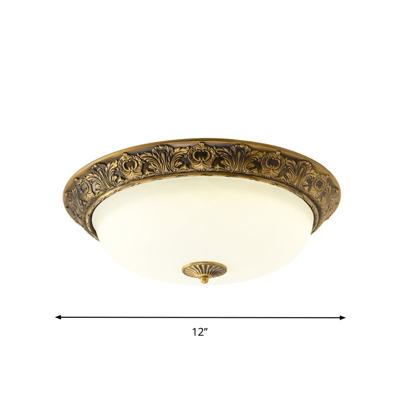 Traditional Brass Flushmount Lamp With Frosted Glass - Led Bedroom Flush Light (12’/16’/19.5’ Wide)