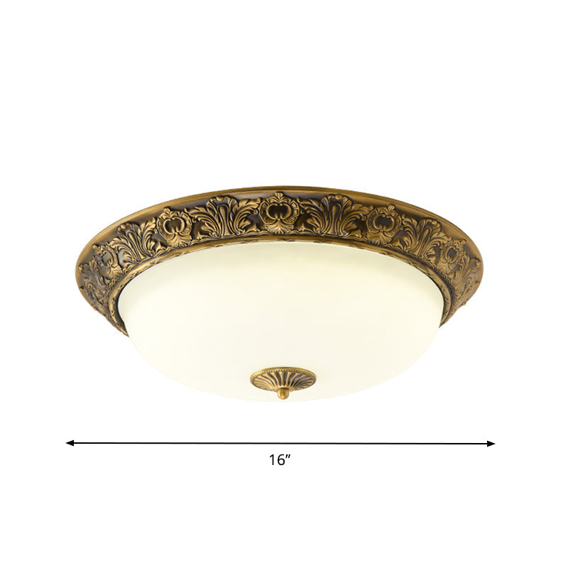 Traditional Brass Flushmount Lamp With Frosted Glass - Led Bedroom Flush Light (12/16/19.5 Wide)