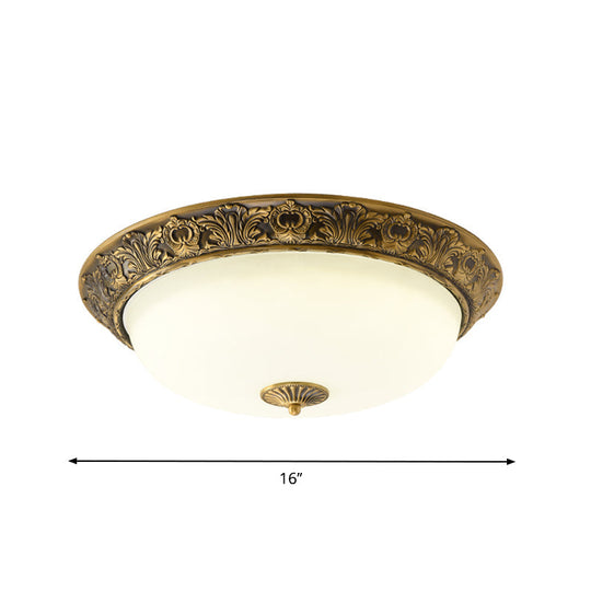 Traditional Brass Flushmount Lamp With Frosted Glass - Led Bedroom Flush Light (12/16/19.5 Wide)