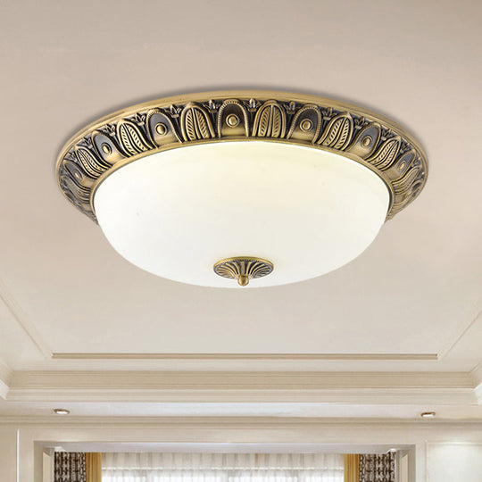 Led Dome Ceiling Lamp Fixture - Wide Antiqued Brass Finish With Opal Glass Flushmount Lighting