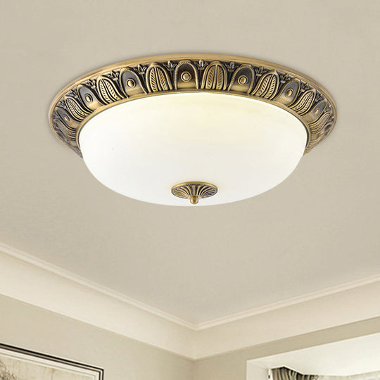 Led Dome Ceiling Lamp Fixture - Wide Antiqued Brass Finish With Opal Glass Flushmount Lighting