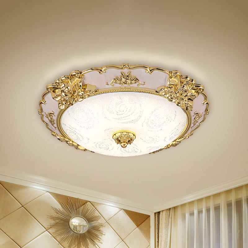 Country Textured Glass Flush Mount Light - Led Gold Bowl Living Room Lighting (12’/16’/19.5’ W)